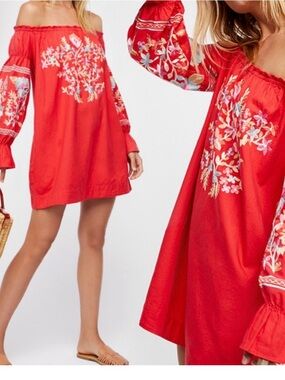 Free people L Red Off-Shoulder Embroidered Mini Dress